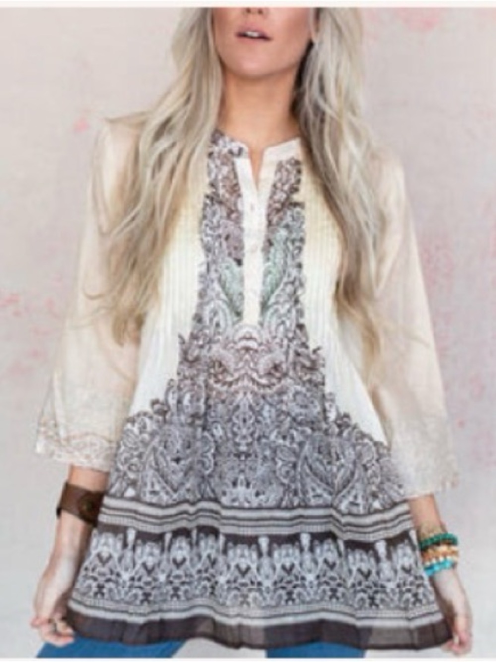 NWT Three Bird Nest Dharma Pleated V-Neck Tunic Top - Cream, Beige & Brown